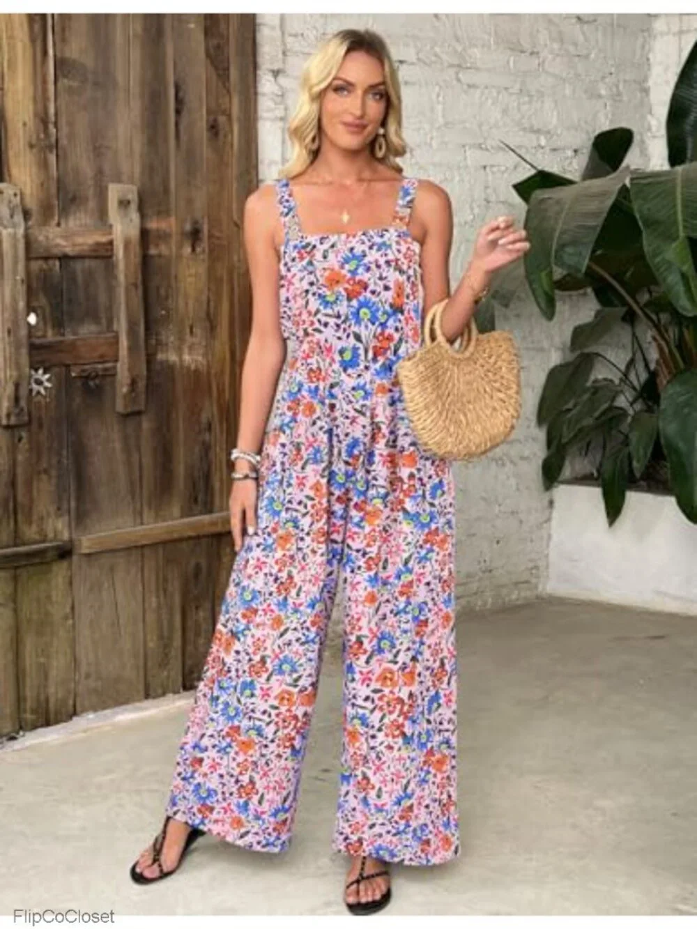 Women's Boho Floral Print Loose Wide Leg Jumpsuit with Pockets
